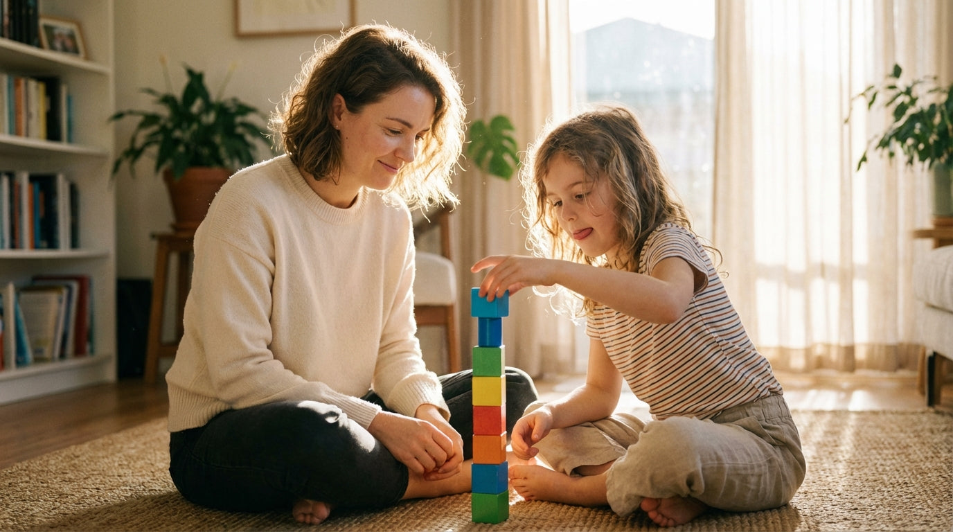 Mother and daughter building a colorful block tower together in warm sunlit living room