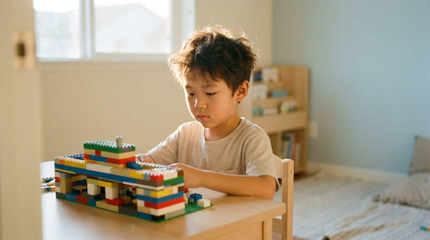 Child focused on building blocks demonstrating concentration