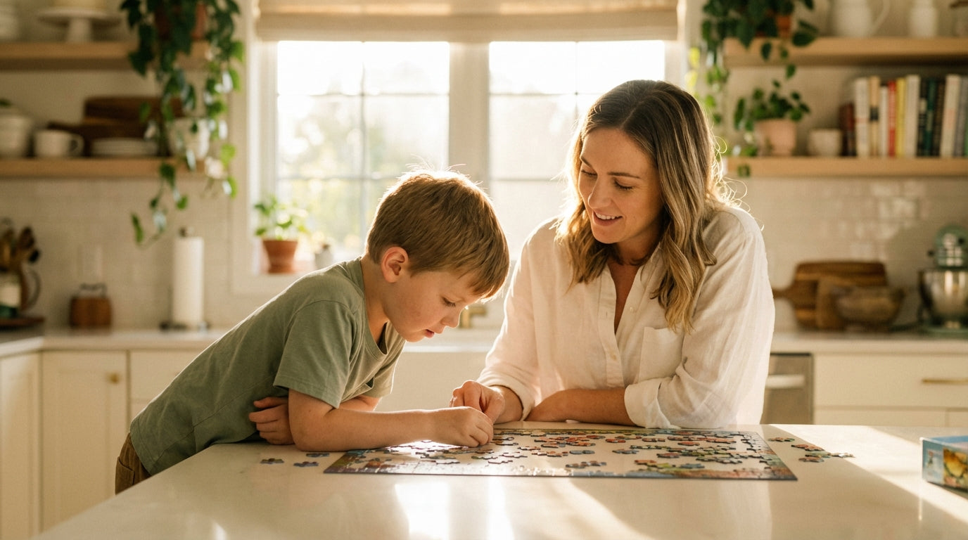 Mother and child doing homework together in warm kitchen light