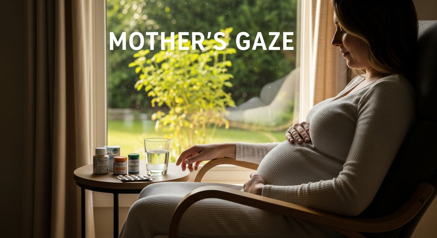 Pregnant woman in rocking chair by window, peaceful morning light — MOTHER'S GAZE