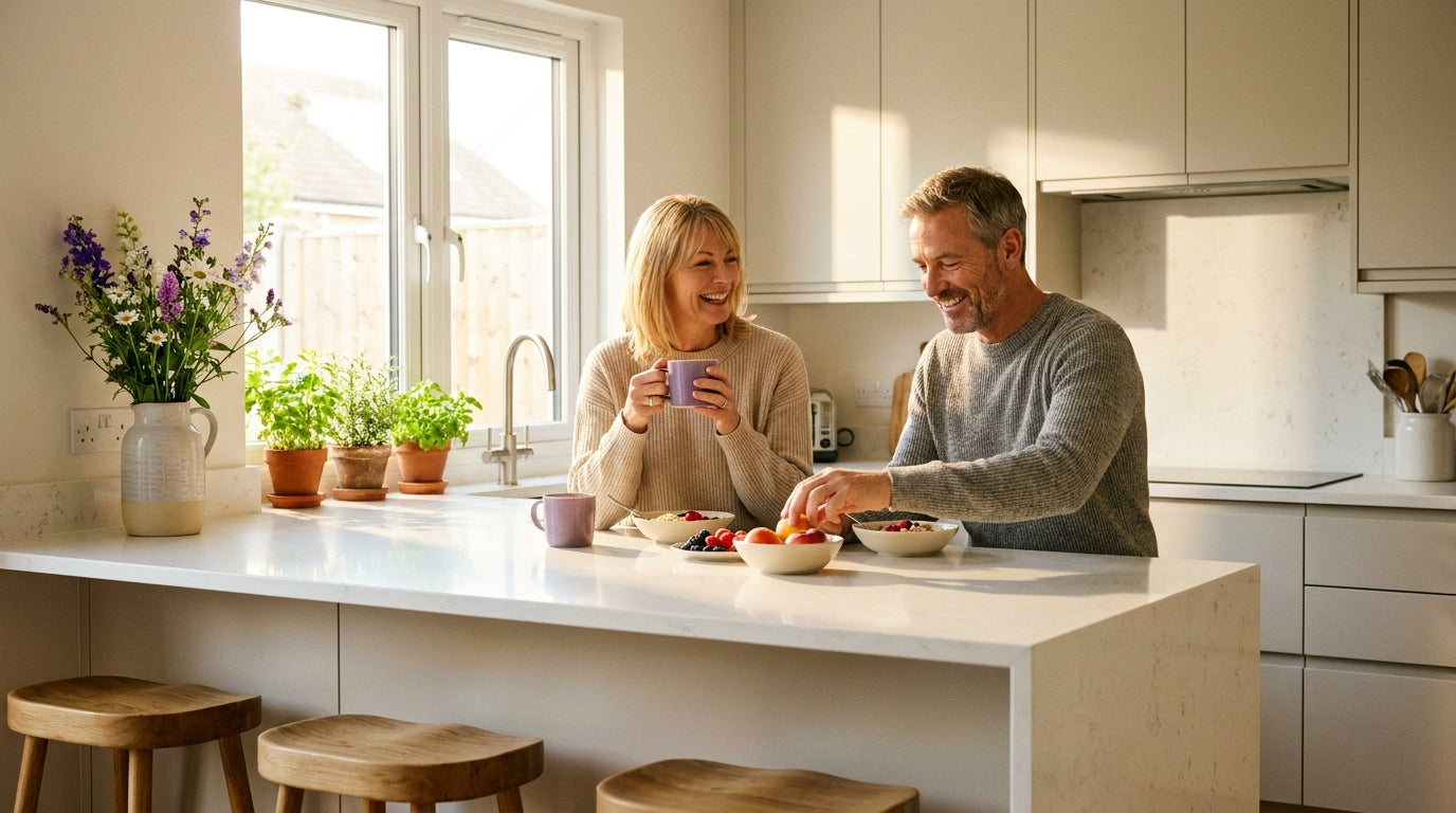Happy couple enjoying breakfast representing heart health and red yeast rice cardiovascular benefits