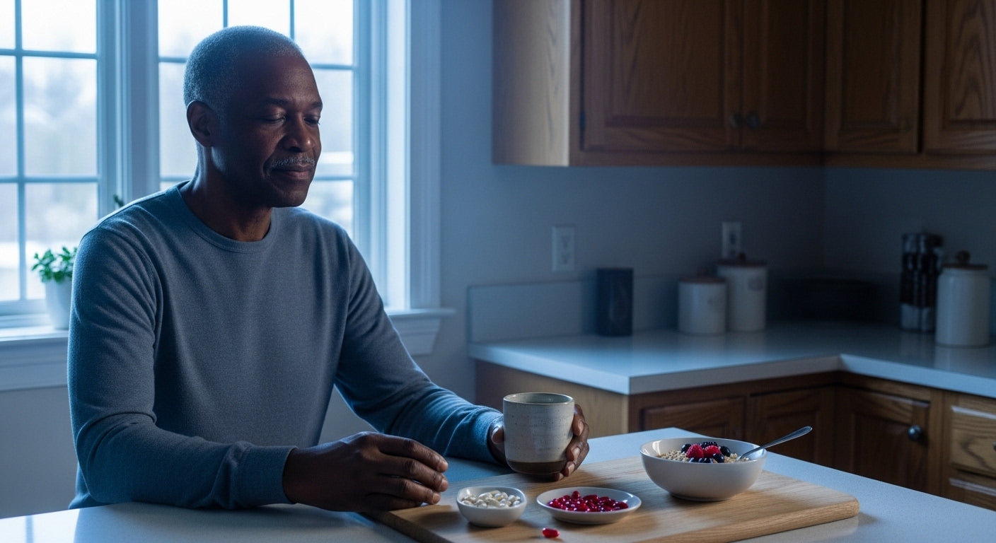 Black man in his 60s enjoying heart-healthy morning ritual with red yeast rice supplements