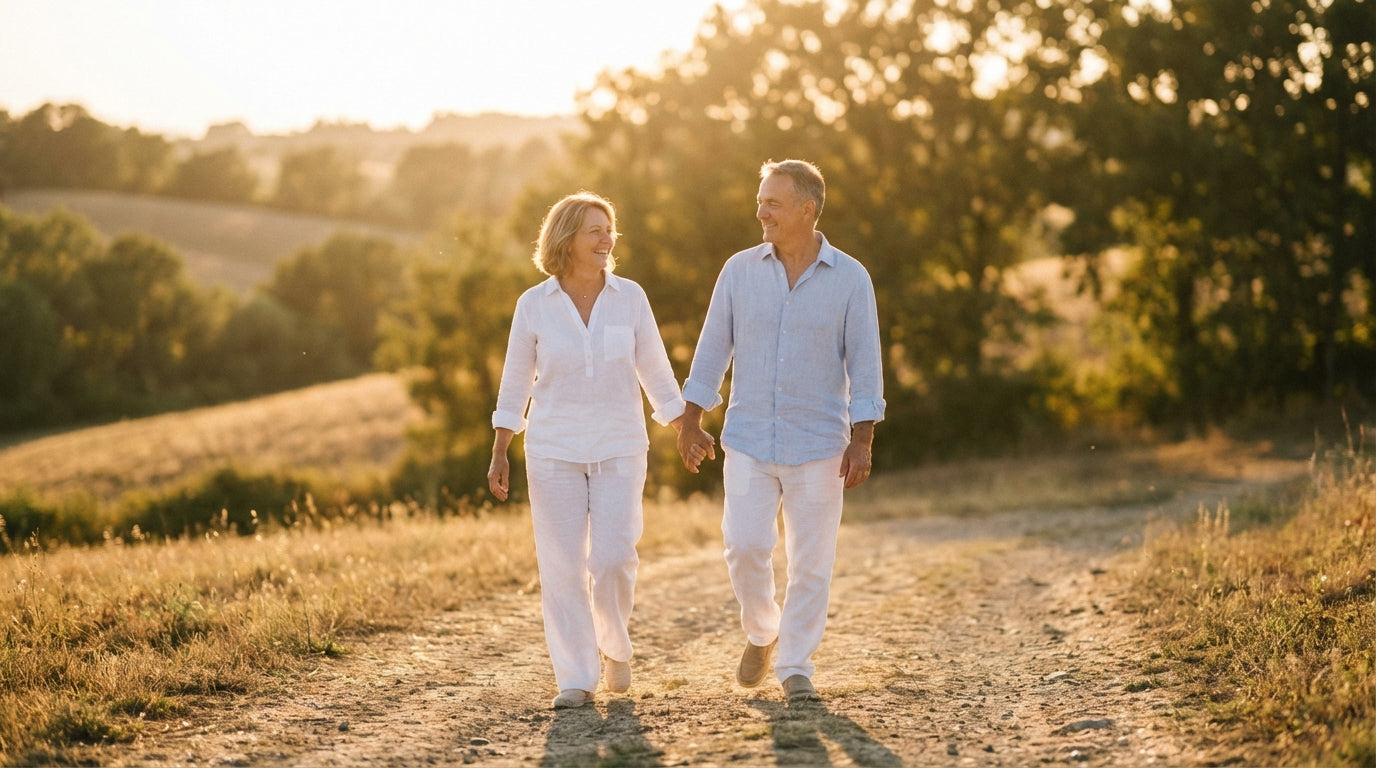 Older couple walking together on a sunlit forest path — heart health and longevity with red yeast rice and CoQ10