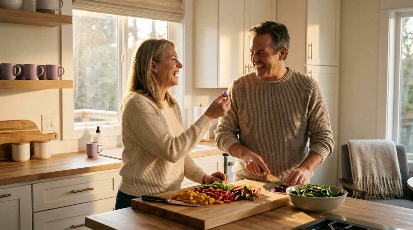 Middle-aged couple cooking healthy meal together for heart and liver health