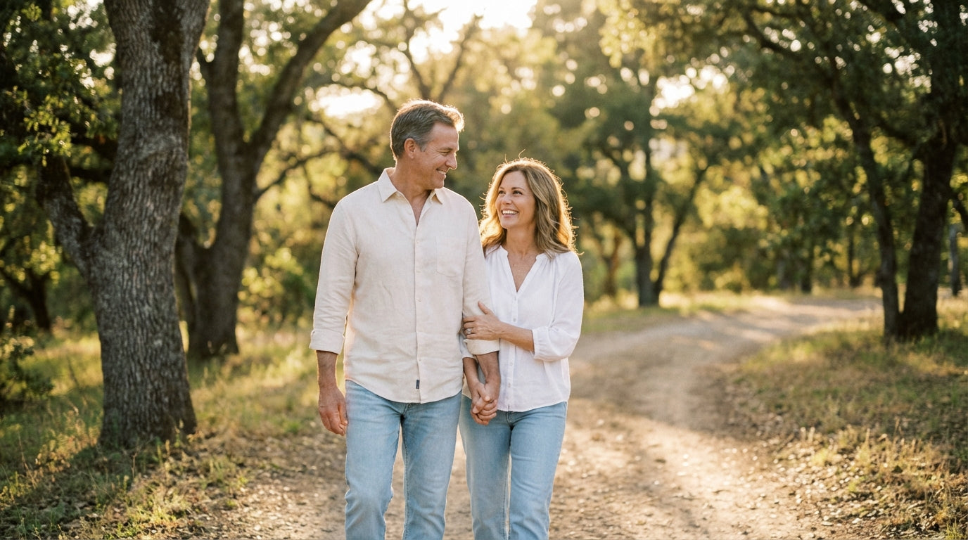 Couple walking on sunlit nature path - heart health and active lifestyle