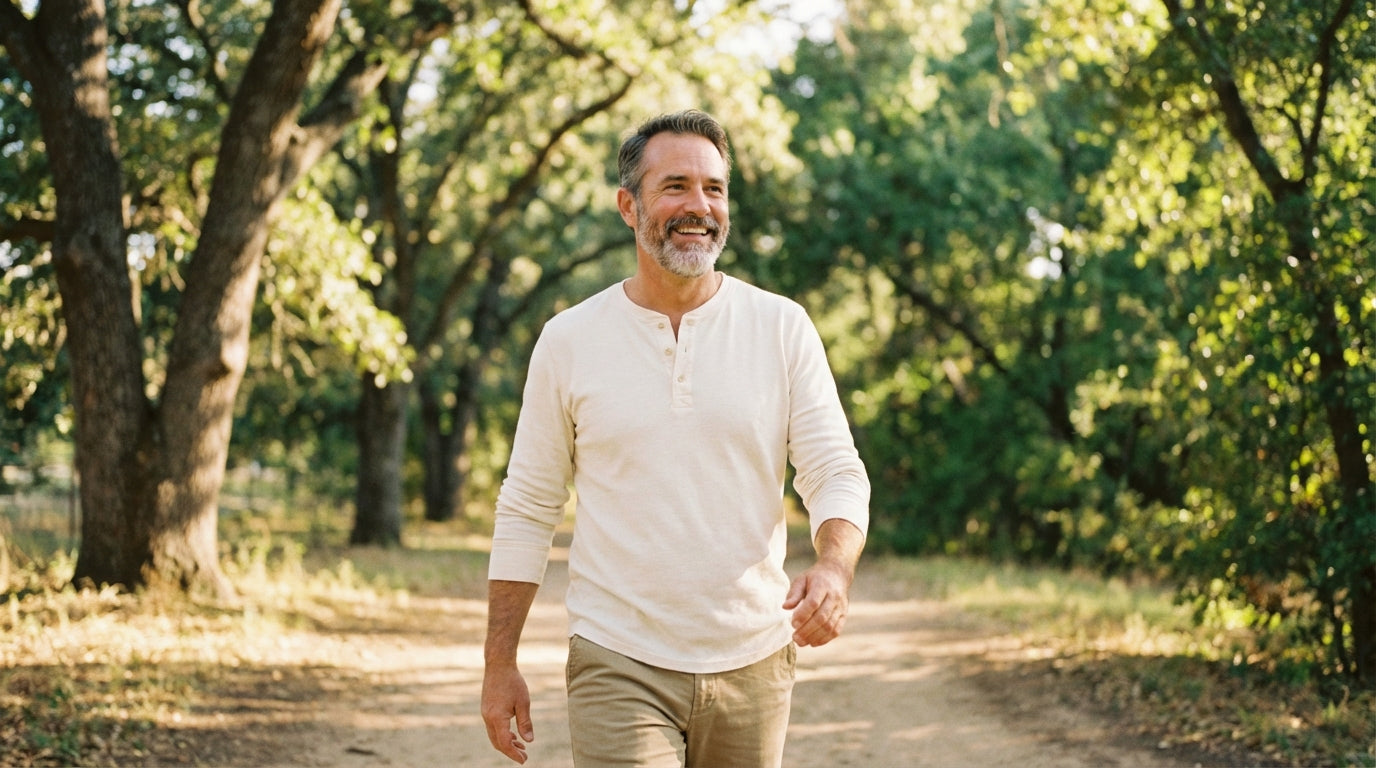 Active middle-aged man walking outdoors in golden sunlight, representing heart-healthy lifestyle