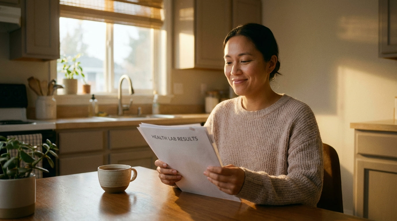 Person reviewing health lab results at home with a calm empowered expression