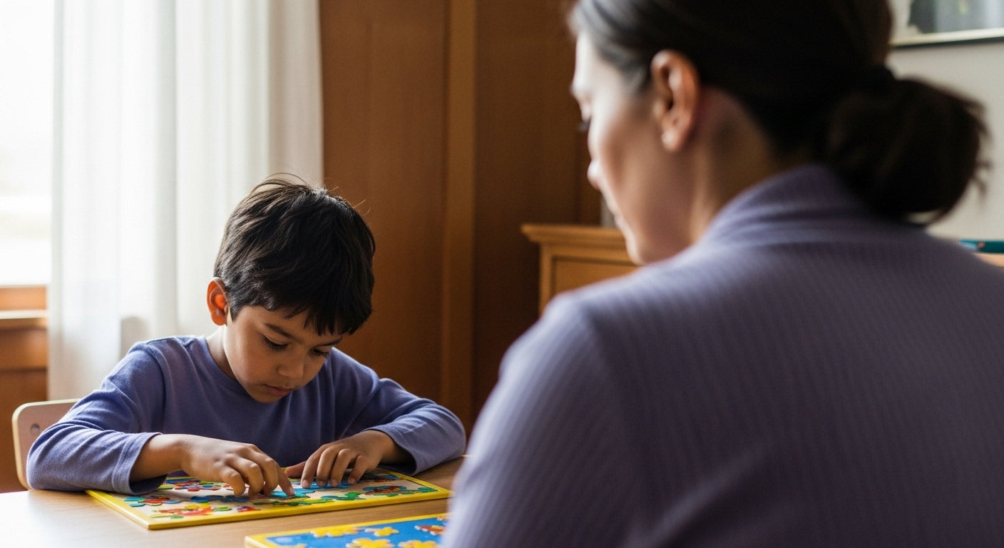 Mother watching child focus on puzzle — saffron for kids ADHD support