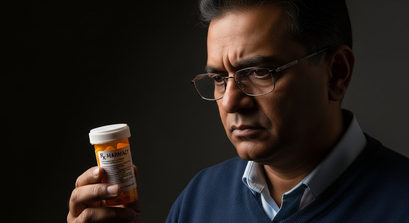 A South Asian man in his early 50s reading a prescription pill bottle label — statins side effects