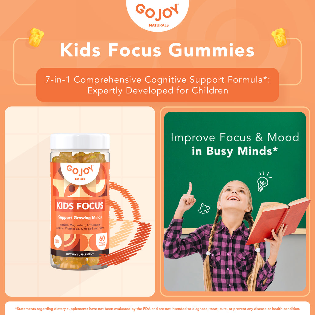 GOJOY Kids Focus Gummies - 7-in-1 Mood & Focus Supplement for Kids & Teens w/ Inositol, Magnesium Glycinate, L-Theanine, Saffron & More