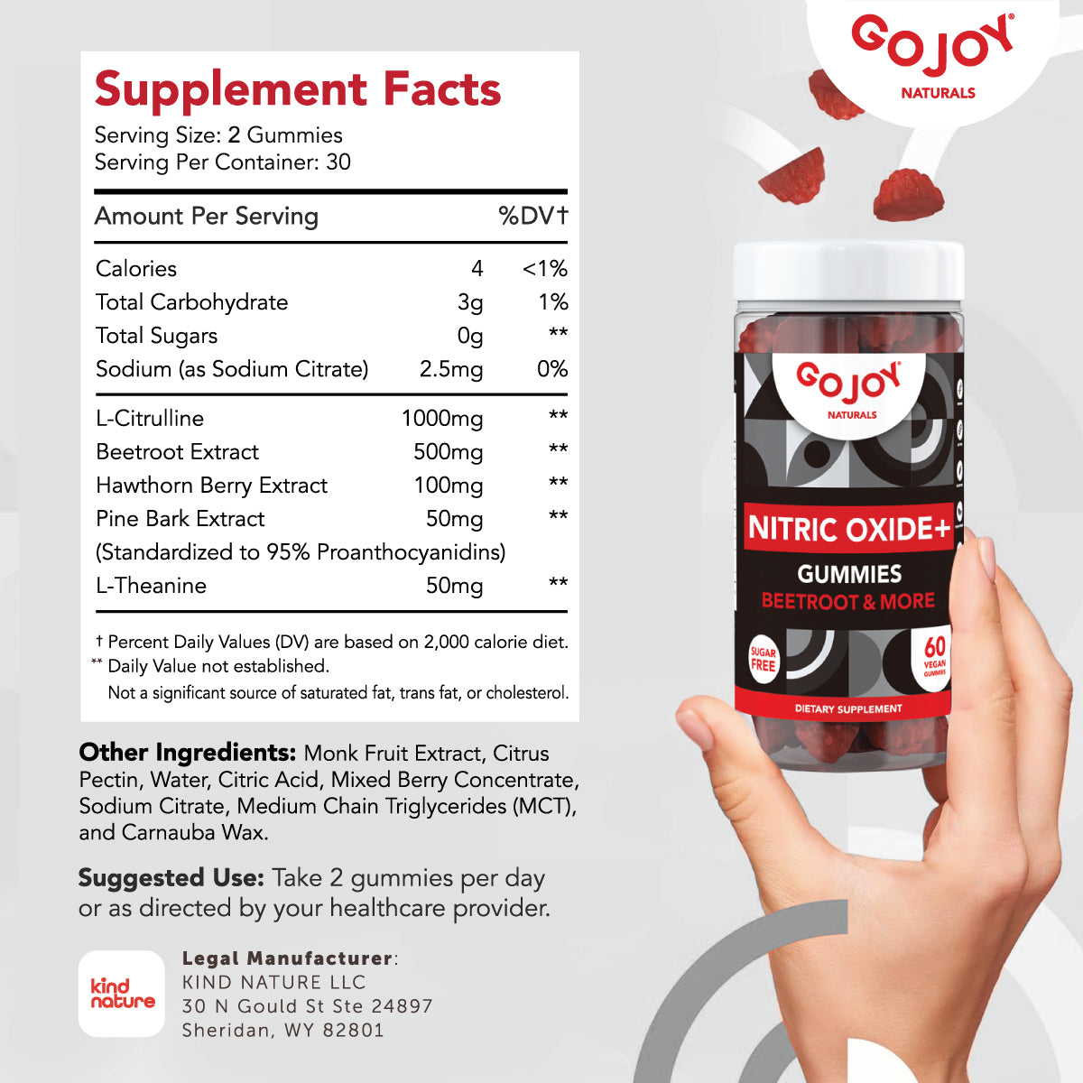 GOJOY Vegan Sugar-Free Nitric Oxide Gummies with Beet Root, L-Citrulline, Hawthorn Berry, Pine Bark - Supports Healthy Blood Circulation
