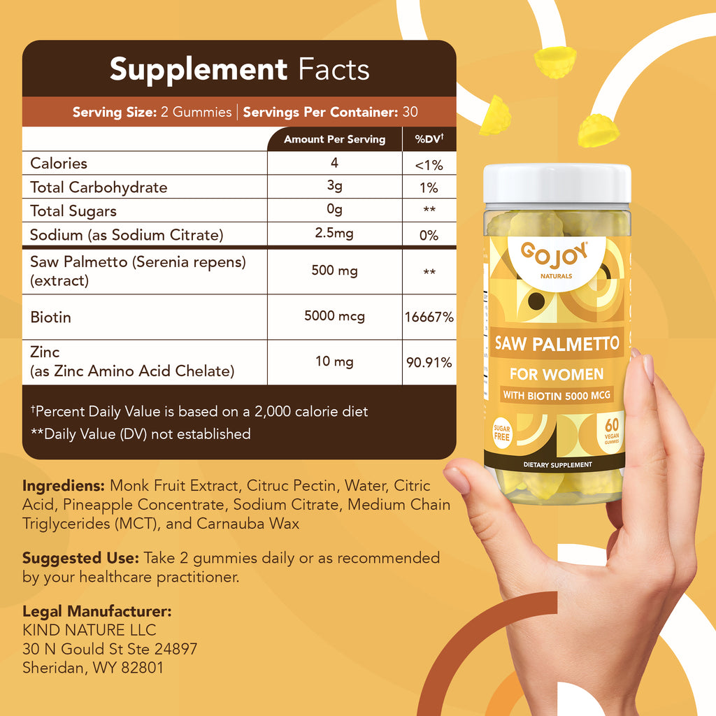 GOJOY Saw Palmetto Gummies - 500mg Saw Palmetto for Women with 5000mcg Biotin & 10mg Zinc - Non-GMO, Sugar, Gluten & Soy-Free, Vegan, 60 Chewable Gummies