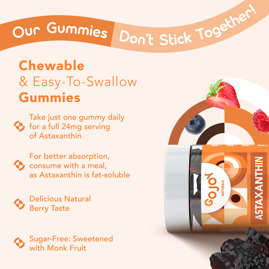 GOJOY Chewable Sugar-Free Astaxanthin Gummies - Natural Astaxanthin 24mg Antioxidant Supplement - 2 Month Supply (60 Gummies)